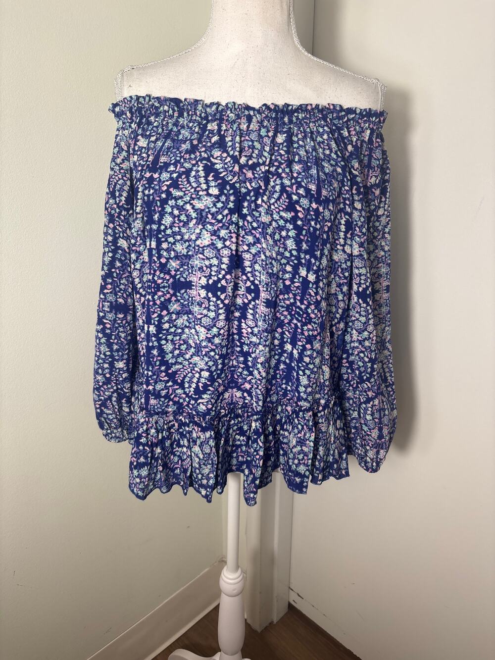 Rebecca Taylor Blue Floral Long Sleeve Off the Shoulder Sz 6